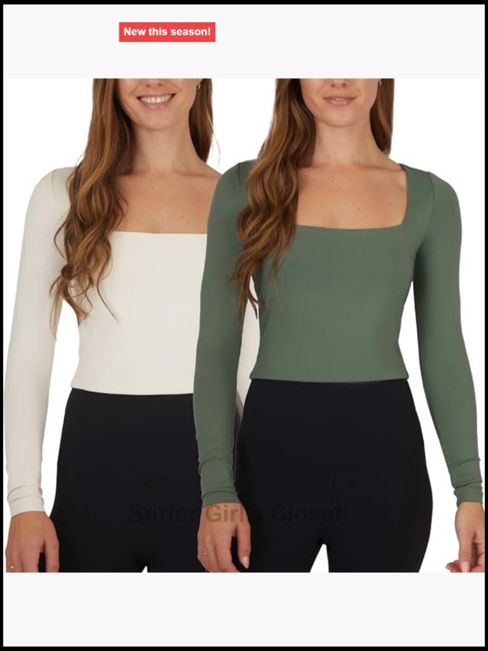 2 Pack Cropped Long Sleeve Contour Tops Square Neck Nylon Spandex High Stretch